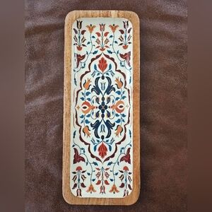 Acacia Wood Serving Tray Turkish Ottoman Floral Print Astrid P. Designs NWOT